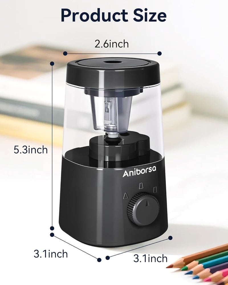 Aniborsa Electric Pencil Sharpener, Helical Blade Automatic Pencil Sharpener, Battery/USB Cord Operated Adjustable Sharpness for 6-8 mm Pencil, Classroom, School, Office, Home, Black - Image 5